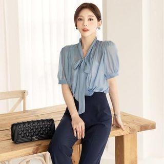 Tie-neck Sheer Wrap Blouse