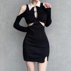 Long-sleeve Contrast Collar Cutout Mini Sheath Dress