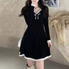 Contrast Trim Bow Knit Mini A-line Dress Black - One Size