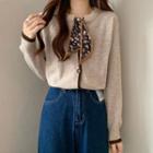 Bow Tie Color Block Knit Long-sleeve Cardigan