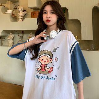 Mock Two-piece Contrast Trim Print T-shirt