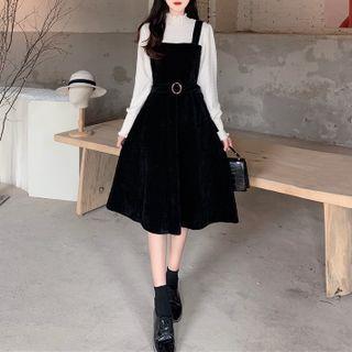 Mock Two-piece Long-sleeve Shirred Midi A-line Corduroy Overall Dress