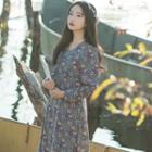 Long-sleeve Patterned A-line Maxi Dress