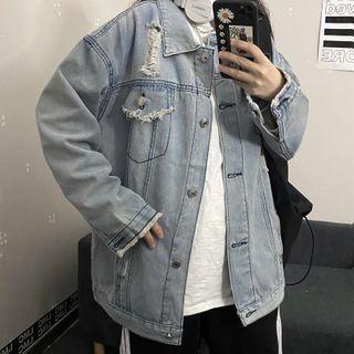 Lettering Back Distressed Denim Button Jacket