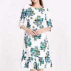 Flower Print Elbow-sleeve Ruffle Hem Midi Sheath Dress