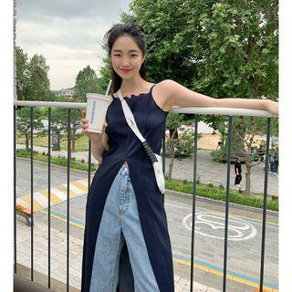 Spaghetti Strap Slit-hem Midi A-line Dress Navy Blue - One Size