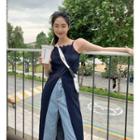 Spaghetti Strap Slit-hem Midi A-line Dress Navy Blue - One Size