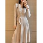 Long-sleeve Pleated Knit Midi A-line Dress