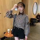 Plaid Collared Puff-sleeve Blouse