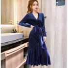 Long-sleeve Glitter Ruffled Midi A-line Dress