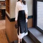 Tie-waist Shirt / High-waist Midi A-line Skirt