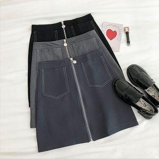 Plain High-waist Zipper A-line Skirt