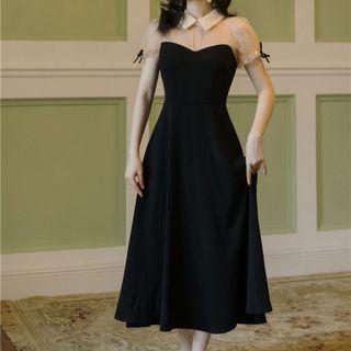 Puff-sleeve Mesh Paneled Midi A-line Dress