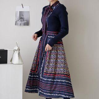 Tie-neck Pattern A-line Dress