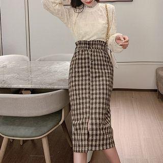 Set: Lace Blouse + Plaid Midi Skirt