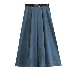 Plain Belt Pleated Midi Skirt