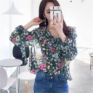 V-neck Floral Ruffled Chiffon Blouse