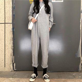 Plain Long-sleeve Jumpsuit Gray - One Size