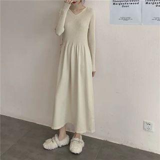 V-neck Midi A-line Knit Dress Almond - One Size