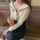 Color-block Frilled Slim-fit Cardigan