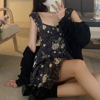 Wide Strap Floral Mini A-line Dress / Plain Cardigan