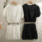Set: Embossed Puff-sleeve Loose Top + Ruffled Mini Skirt