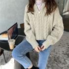 Split-neck Cable Knit Sweater Khaki - One Size