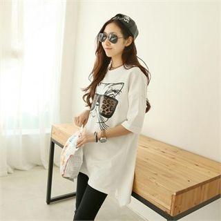 Short-sleeve Cat-printing Long T-shirt