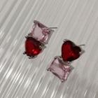 Rhinestone Heart Stud Earring 1 Pair - Silver & Pink & Red - One Size