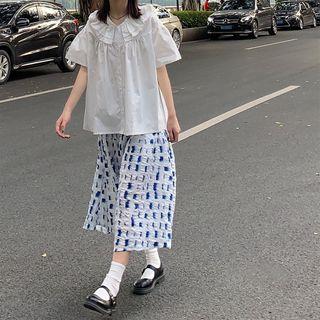 Short-sleeve Plain Ruffled Blouse / Patterned Midi Skirt