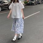 Short-sleeve Plain Ruffled Blouse / Patterned Midi Skirt