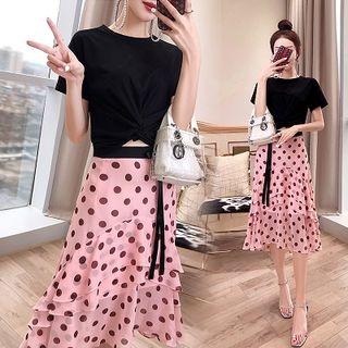 Set: Crew-neck Short-sleeve T-shirt + Dotted Midi A-line Skirt
