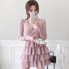 Long-sleeve Mini Layered Knit Dress Sweater - Pink - One Size