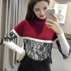 Mock Two-piece Mock-neck Lace Panel Sweater
