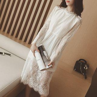 Accordion Lace Panel Long-sleeve Dress