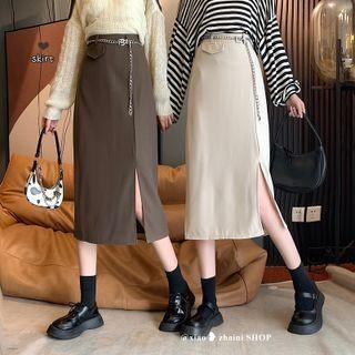 Side-slit Midi Pencil Skirt / Waist Chain / Set