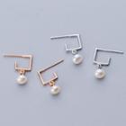 925 Sterling Silver Faux Pearl Open Square Dangle Earring