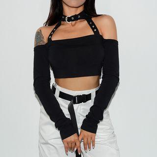 Long-sleeve Cold Shoulder Cropped Top