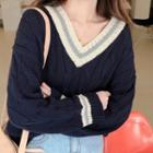 V-neck Cable Knit Sweater Navy Blue - One Size