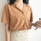 Plain Loose-fit Short-sleeve Chiffon Shirt Brown - One Size