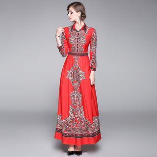Long-sleeve Print Maxi Shirtdress