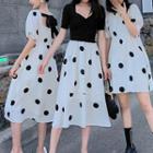 Short-sleeve Dotted A-line Dress / Midi Skirt