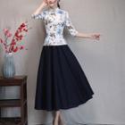 Mandarin Collar Floral Print 3/4-sleeve Top / A-line Midi Skirt