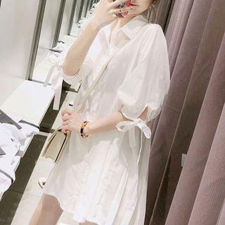 Elbow-sleeve Pleated A-line Mini Shirtdress