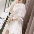 Elbow-sleeve Pleated A-line Mini Shirtdress