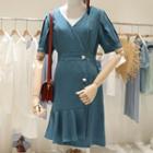 Elbow-sleeve Buttoned Frill Trim Mini Dress