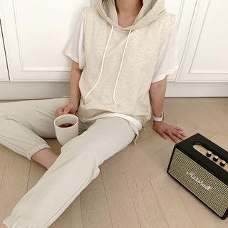Drawcord Sleeveless Hoodie Oatmeal - One Size