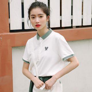 Polo Collar Short-sleeve Embroidered Top