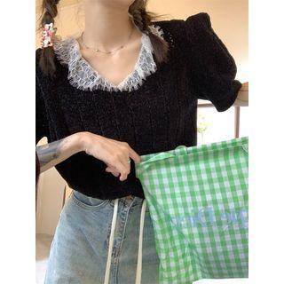Short-sleeve Lace Knit Top Black - One Size