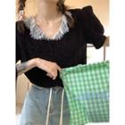 Short-sleeve Lace Knit Top Black - One Size